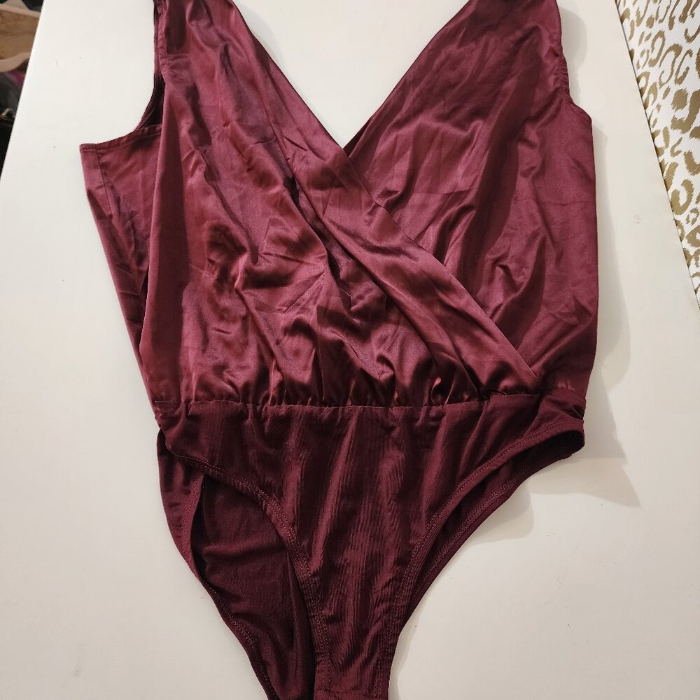 Wine Satin Crisscross Bodysuit